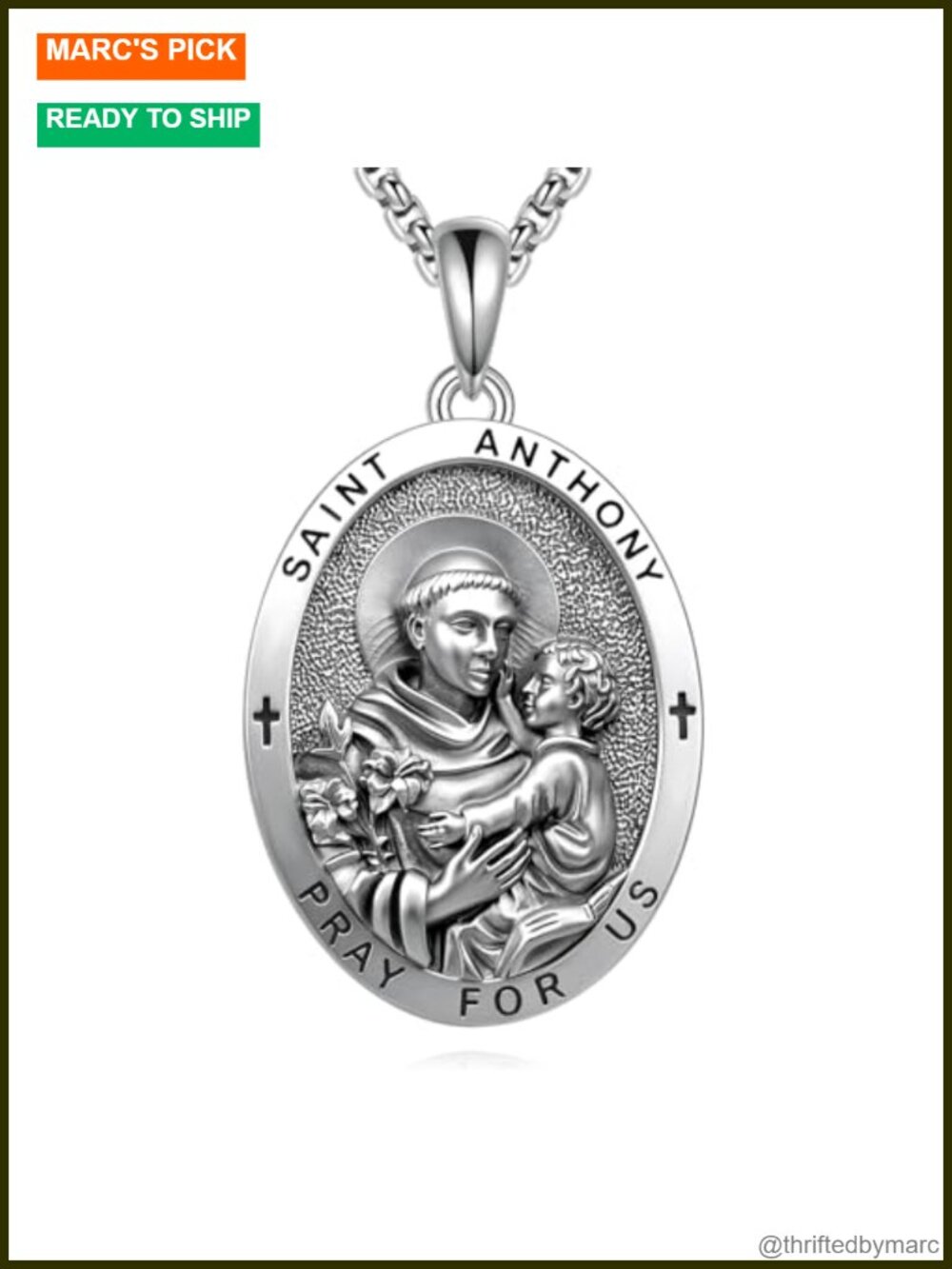 Religious Saint Medal Pendant Necklace, 18K White Gold Plated, Adjustable Chain